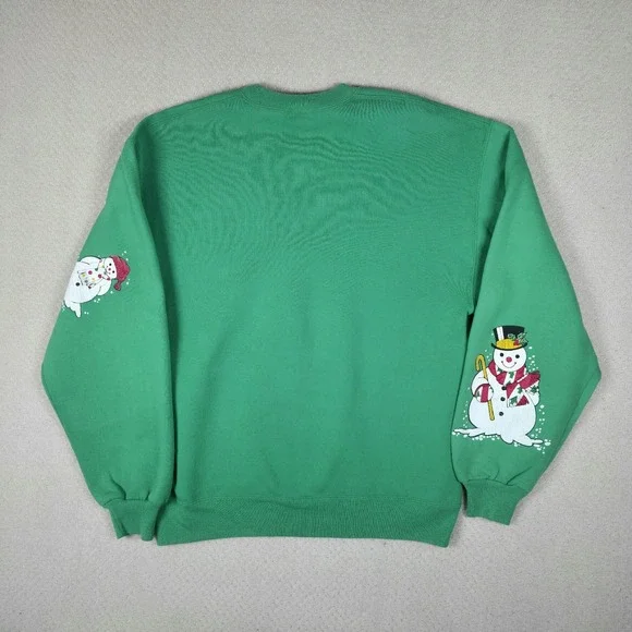 VTG 90s Russell Athletic Sweatshirt Large Women Green Snowman Christmas Holidays - Picture 2 of 12
